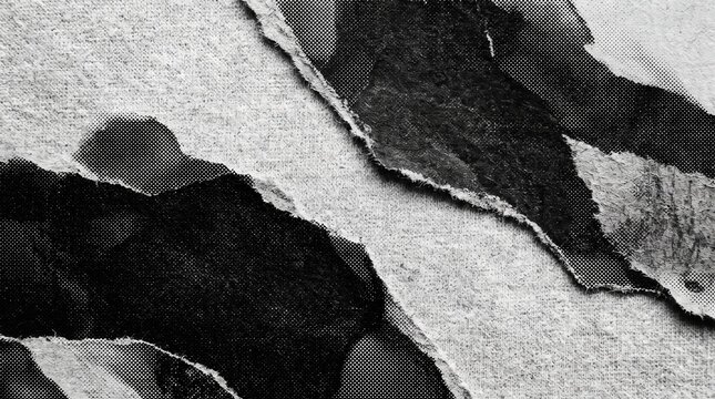 Grungy black and white torn paper collage texture with halftone pattern