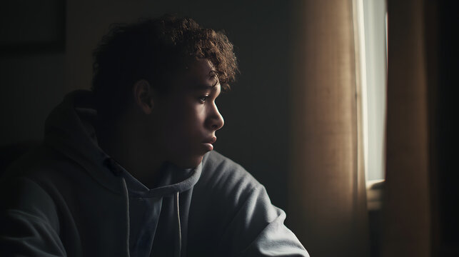 man looking out window, young man sitting alone thinking