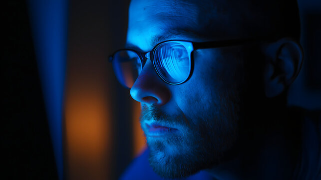person staring at screen late night, young man in glasses looking at camera