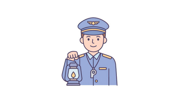 Railway conductor holding lantern and whistle, vintage style, cartoon character