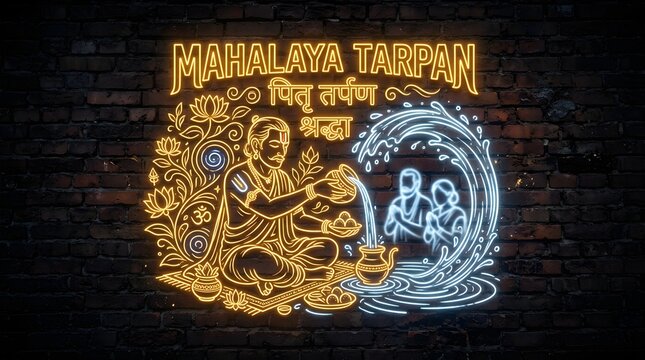 Glowing neon sign illustration depicting a man performing traditional hindu tarpan rituals against a dark rustic textured brick wall background