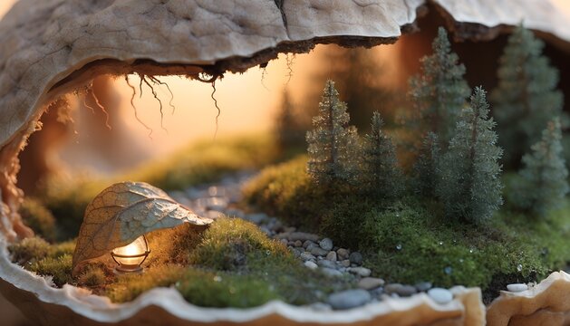 walnut cracked open revealing tiny magical world inside miniature trees moss tiny path soft warm light whimsical concept macro fine detail