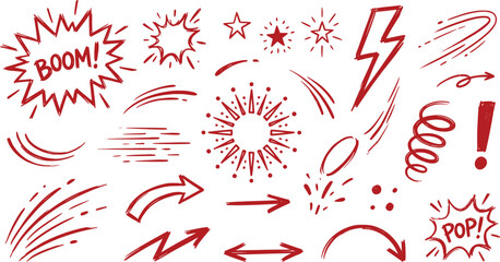 Red comic book style hand drawn motion effect elements with explosion bubbles and arrows against white background © Creative Wings