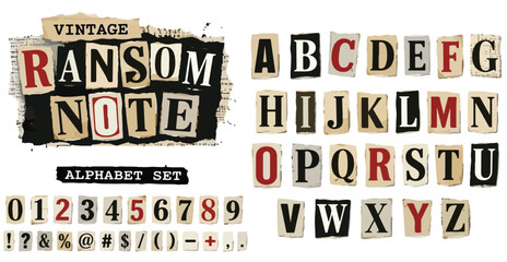 Vintage ransom note alphabet set, cutout newspaper letters and numbers vector, retro collage typography for mystery and crime design © preety