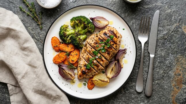 Delicious and healthy thanksgiving turkey breast with roasted vegetables a perfect seasonal main course dish