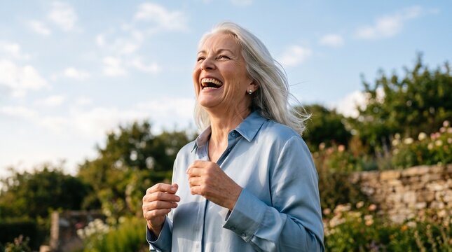 Joyful senior woman with silver hair laughing outdoors in a lush garden on a sunny day concept.