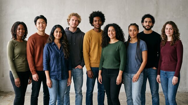 Diverse group of young adults standing together in casual clothing, representing unity and modern society concept.