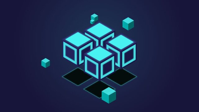 Abstract geometric construction of luminous blue cubes on a dark background