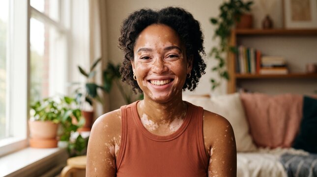 Authentic Young Woman with Vitiligo Smiling Warmly in a Cozy Home Setting with Plants and Natural Light concept.