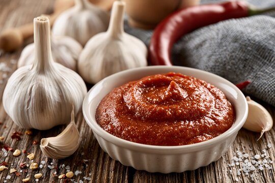 Rich tomato sauce served in ceramic bowl with garlic and chili peppers