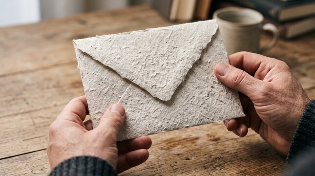 Hands holding a textured handmade paper envelope with copy space on a rustic wooden table with books and coffee mug concept.