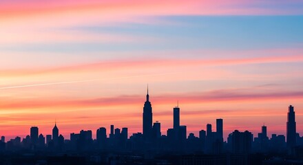 Obraz premium Cityscape silhouette against vibrant pink and orange sunset sky