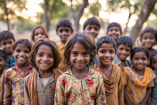 Smiling children in vibrant traditional attire gather outdoors under trees.