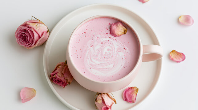 delicate pink rose latte on white background