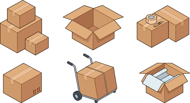 Isometric Cardboard Box Vector Set Featuring Open Closed Packing Cases Hand Truck and Bubble Wrap for Moving Logistics Services