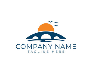 Fototapeta premium Bridge logo design with sunset and birds