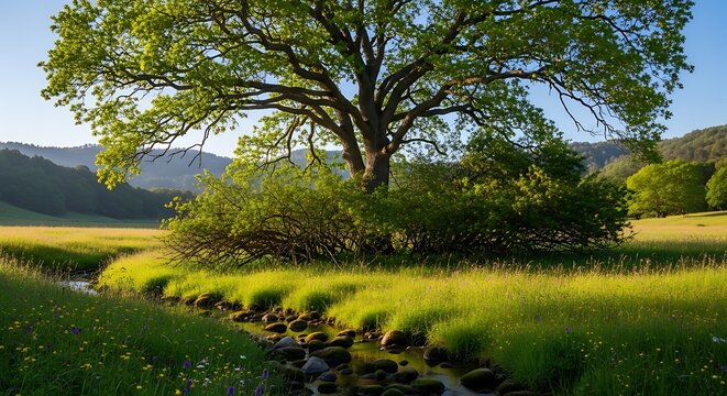 Large spreading oak tree in green meadow next to small forest stream
