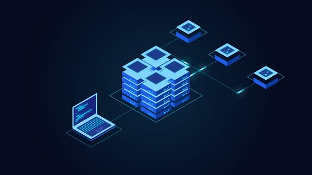 Isometric database server connected to laptop and cloud network nodes on dark blue background
