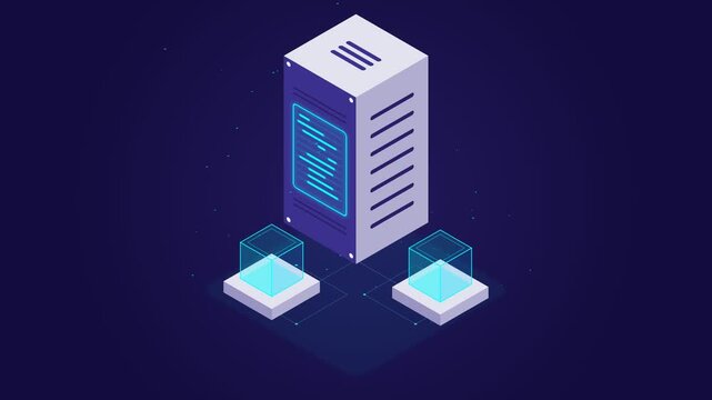 Isometric Digital Server Hosting Infrastructure and Cloud Computing Data Center Concept with Glowing Network Nodes for Global Connection