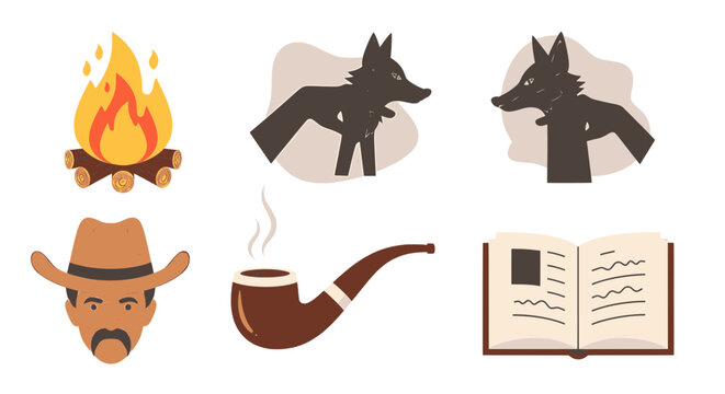 Wild West Cowboy Elements Vector Set with Campfire and Shadow Puppets