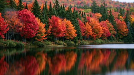 Vibrant autumn forest with red and orange foliage reflected in calm lake water © The Little Hut
