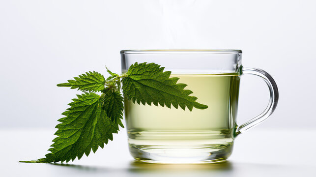 stinging nettle leaf tea infusion in pale green beverage