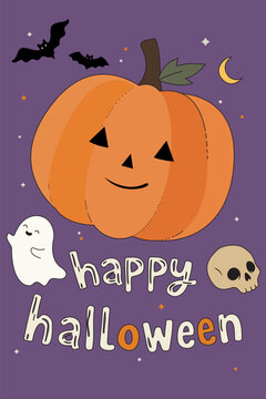 Happy Halloween calligraphy greeting card with cute ghosts, pumpkins, skull and crescent moon on violet vertical background