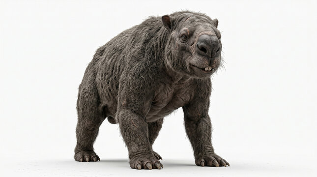 Prehistoric diprotodon marsupial mammal on isolated white background standing still and looking forward with furry body and large teeth