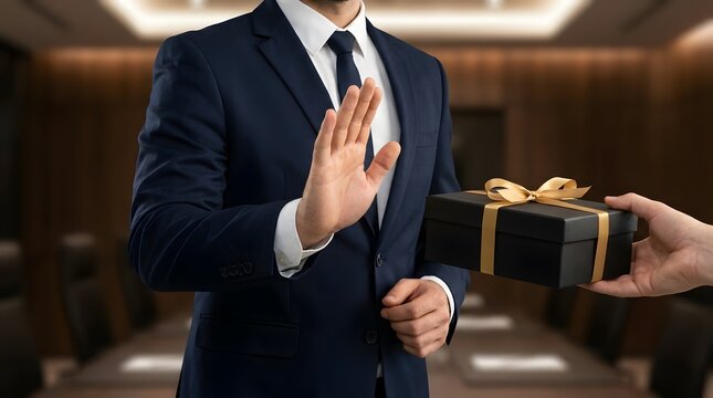 Corporate gifting policy compliance concept featuring businessman rejecting a luxury gift box to avoid conflict of interest