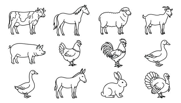 Farm animal line art icons, set of 12 livestock vector illustrations, minimalist barnyard sketches