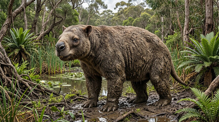 Fototapeta premium Diprotodon prehistoric giant wombat like marsupial walking through a swampy forest environment with lush green plants and muddy water