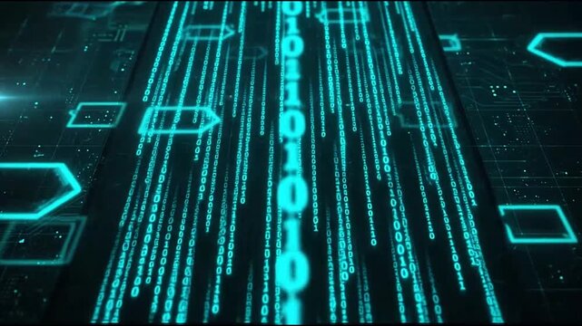 Blue binary code stream with glowing digital elements on circuit board background
