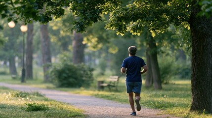 Fototapeta premium Man running on a park path in the morning sunlight, promoting healthy lifestyle and outdoor activity