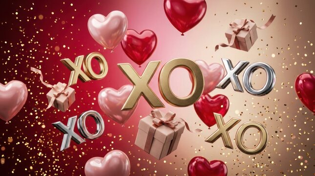 Valentines Day Celebration with XO Symbols and Heart Balloons.