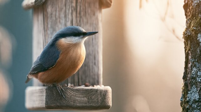 Close-up Portrait of a Eurasian Nuthatch Perched on a Wooden Bird Feeder in Warm Sunlight