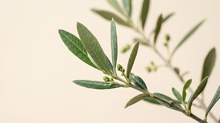 Fototapeta premium Close up of fresh green olive tree branches with small buds on a minimalist beige background for organic nature aesthetics