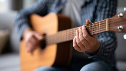 Obraz premium Close Up of Hands Playing Acoustic Guitar, Capturing the Artistry of Music and Relaxation