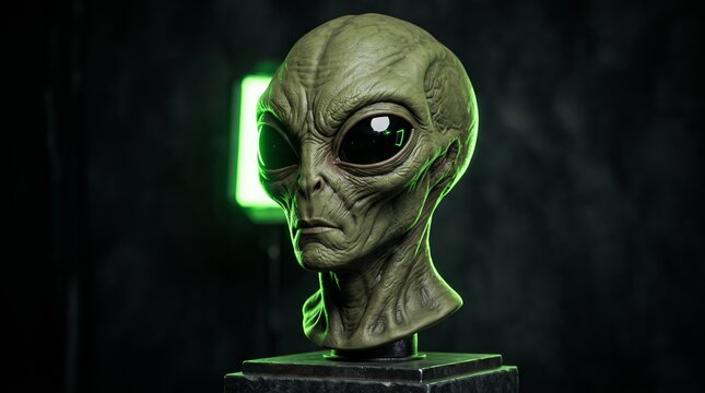 Close-up of a realistic Grey alien head bust with large black eyes in a dark, mysterious setting, evoking science fiction