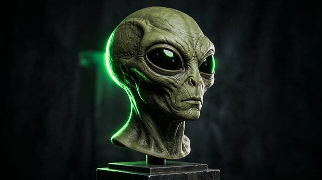 Detailed Realistic Alien Bust Sculpture With Green Neon Accent Lighting