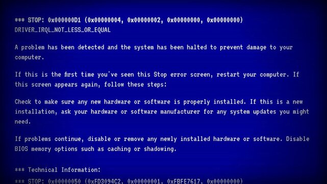 Classic Blue Screen of Death appearing with scrolling error messages on a vintage computer monitor, depicting a critical system crash and data failure, symbolizing technological malfunction