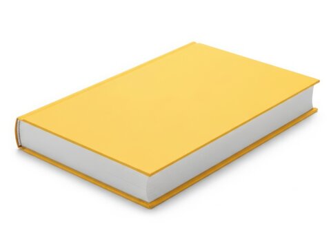 A vibrant yellow book with a white interior, standing upright against a white background