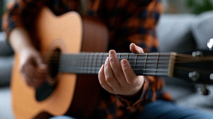 Obraz premium Close-up of a person playing an acoustic guitar, focusing on hand positions and strings