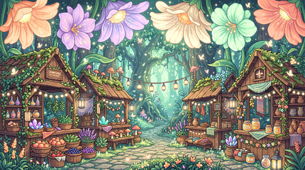 Obraz premium Enchanting pixel art forest market stalls display magical goods under giant glowing pastel spring flower blossoms