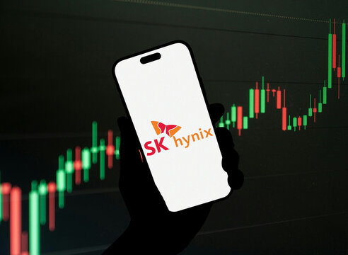 SK Hynix Logo Displayed on Smartphone Screen Held in Silhouette Hand Against Green and Red Stock Candlestick Chart on Black Background