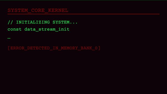 Computer system error, initializing system failure, data stream corruption, memory bank error, symbolizing technology malfunction and digital crisis