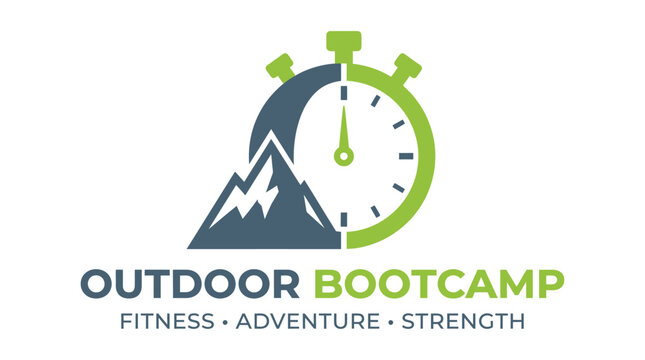 Outdoor bootcamp fitness logo with stopwatch and mountain peak.