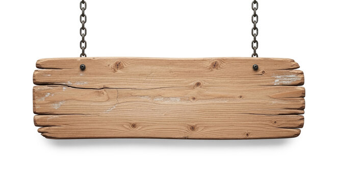 A rustic wooden sign hangs from a chain against a transparent background. The sign is rectangular and made of planks, displaying a weathered texture.