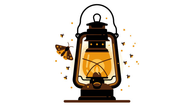 Vintage lantern glowing with moths flying around the light