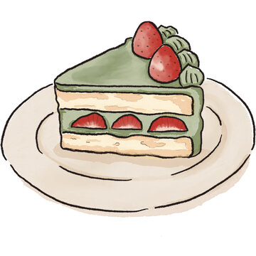 strawberry Matcha cake Watercolor Dessert Clipart Element