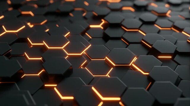 橙色の光が満ちる拡大六角形ハニカムセル